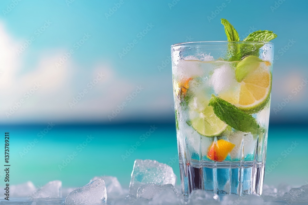 Poster glass of lemonade with ice cubes in it is sitting on a table by the ocean. the drink is refreshing a