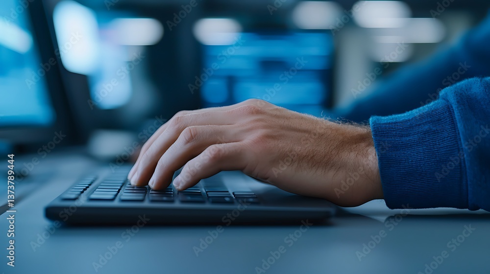 Poster a close-up of a person's hand typing on a keyboard, focused on productivity in a digital environment