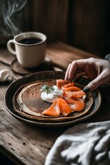 Savory crepes with smoked salmon and cream on a plate with coffee in a rustic setting