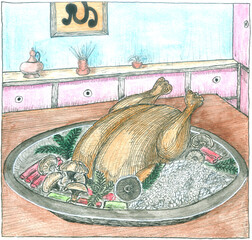  Festive Roast Chicken Dinner: Colorful Kitchen Table Illustration