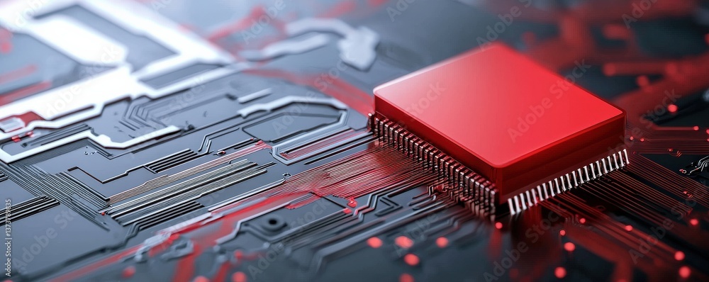 Poster pension security risk concept. close-up of a red microchip on a circuit board.