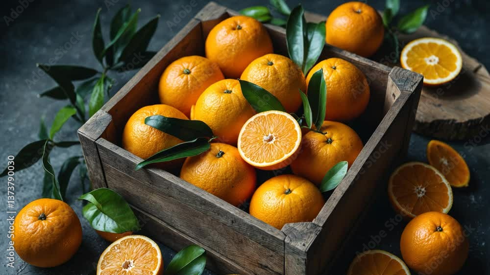 Aufkleber fresh orange fruits placed in a wooden box on a stone table. overhead view with empty space for text