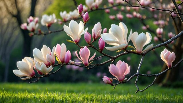 Branching flowers of Saucer magnolia displaying large, early blooming blossoms in different shades of white, pink, and purple