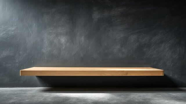 Chalkboard background wall texture featuring a modern wooden floating shelf for display.