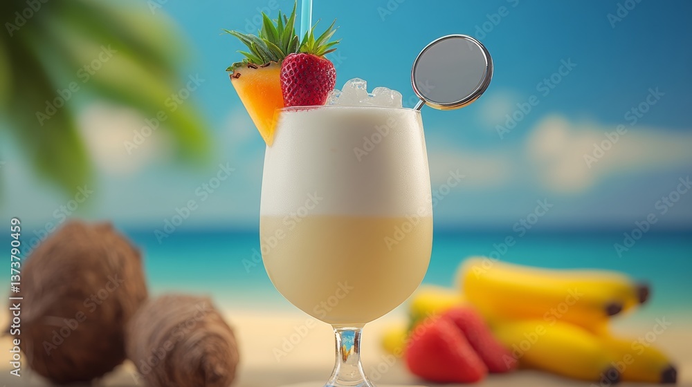 Poster glass of a tropical drink with a straw and a slice of strawberry on top. the drink is served on a ta