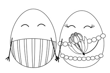 Black and white Easter themed coloring page featuring a happy family Easter eggs couple holding hands with bouquet tulips and decorations. Ideal for festive crafts.