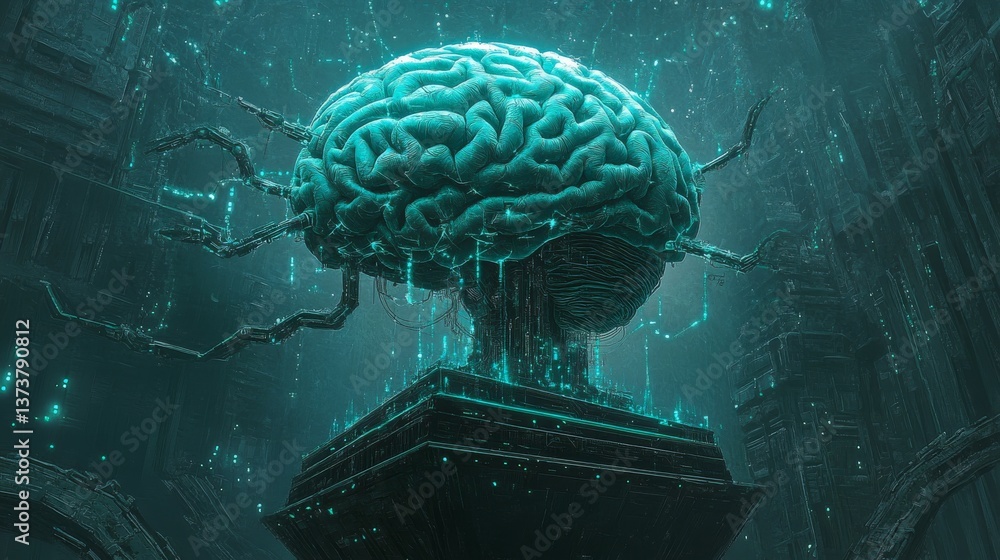 Poster a luminous blue brain with intricate connections, integrated into a dark technological environment. 