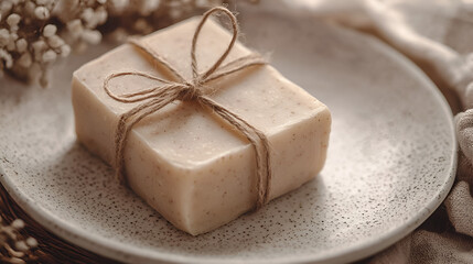 Handmade soap bar, wrapped in twine, sits on a speckled plate in a spa-like setting for skincare.