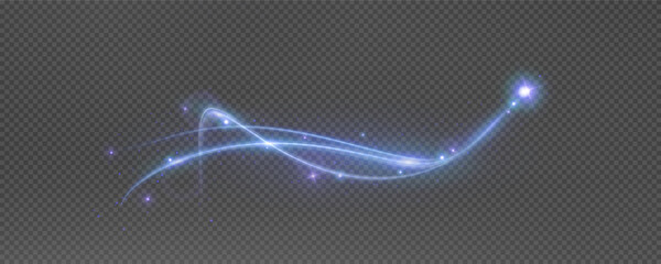 Vector png background with blue glowing lines. Blue glowing lines of speed. Light glow effect. Light trail wave, fire trail line and glow curve swirl.