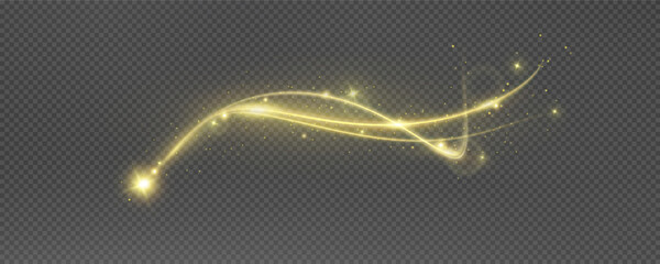 Vector png background with gold glowing lines. Gold glowing lines of speed. Light glow effect. Light trail wave, fire trail line and glow curve swirl.