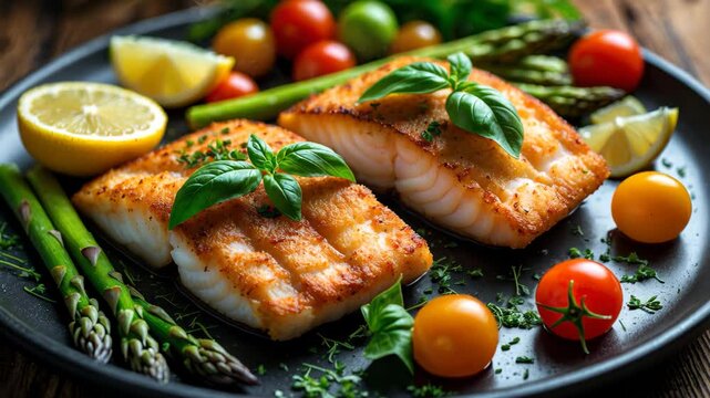 Fish dish - battered cod fillet served with asparagus on wooden table