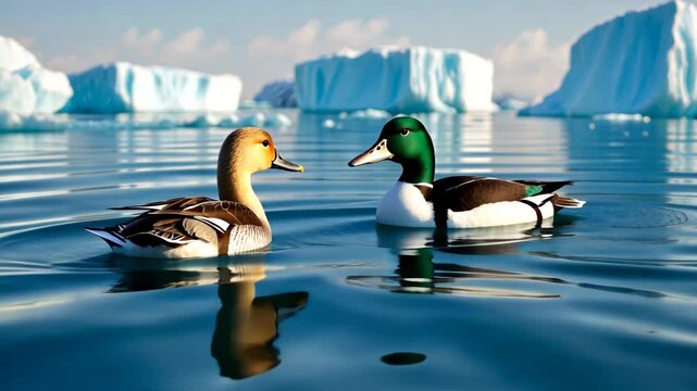 A nondescript female with brown plumage and a striking white and black male common eider swimming alongside each other in the chilly Arctic waters.
