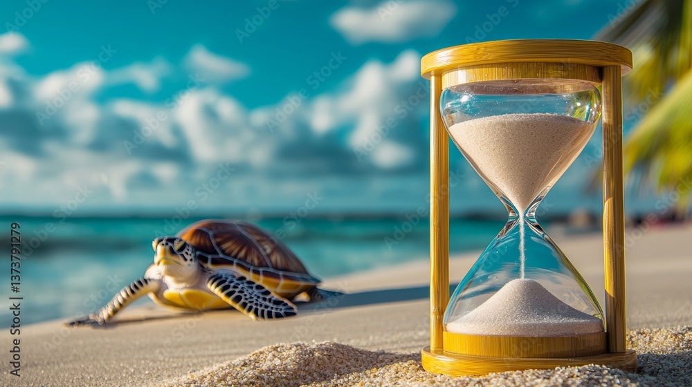 Poster turtle is laying on the sand next to a sand timer. the sand timer is set to zero
