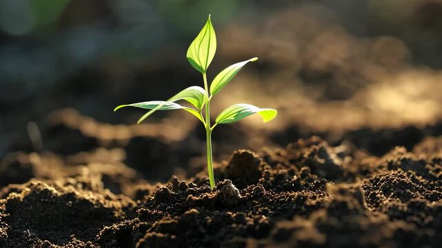 A tiny plant emerges from the soil, dark earth encircling a youthful blade of grass that exudes an astonishing yearning for life.
