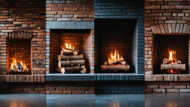 Fireplace featuring visible bricks on a clear background. Collection of classic brick and stone fireplaces with piled logs and a small flame glowing inside.