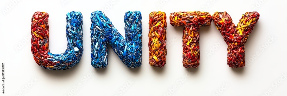Poster vibrant unity word art composed of colorful interlocking rings isolated on a white background