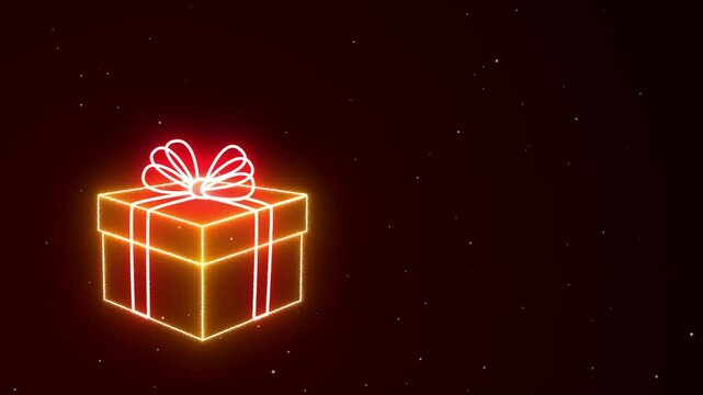 A neon gold gift box tied with a red ribbon is moving against a dark background. Animation of a neon gift with an empty space on the right.