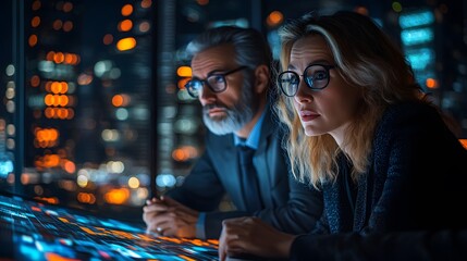 Obraz premium Executives collaborating in a high-rise office with a tech-inspired background.