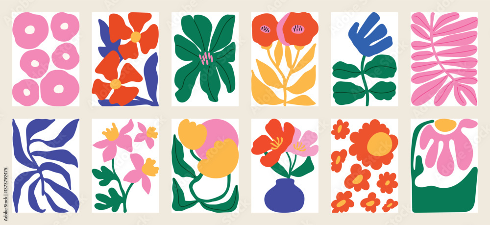Poster botanical doodle background art vector set. flower and leaves abstract shape doodle art design for p