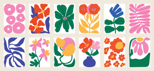 Botanical doodle background art vector set. Flower and leaves abstract shape doodle art design for print, wallpaper, clipart, wall art for home decoration.