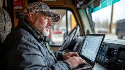 A truck driver checks road conditions on a laptop inside his vehicle, situated near a highway. He is focused on ensuring safe travel amidst winter weather challenges.