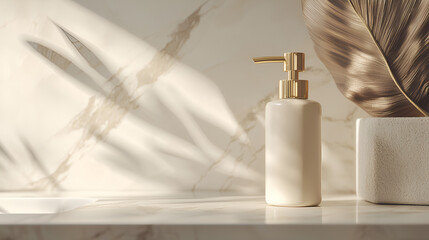 Elegant soap dispenser on marble counter with warm light and decorative leaf detail. Minimalist bathroom decor.