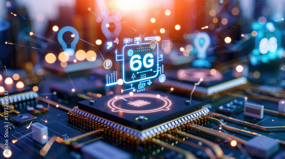 Leinwandbilder futuristic circuit board features glowing 6g connectivity icons, symbolizing advanced technology and