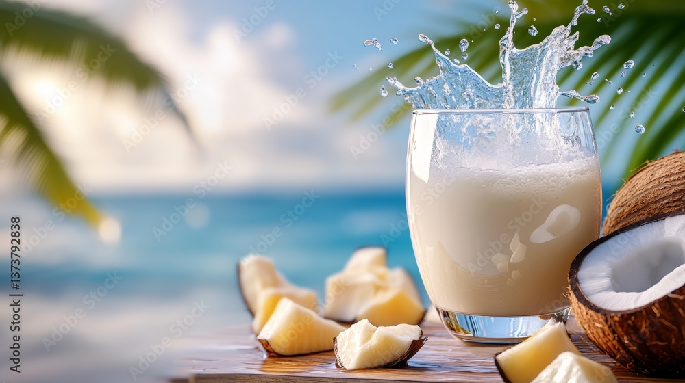 Poster glass of milk with a slice of coconut on the side. the image has a tropical vibe with palm trees and