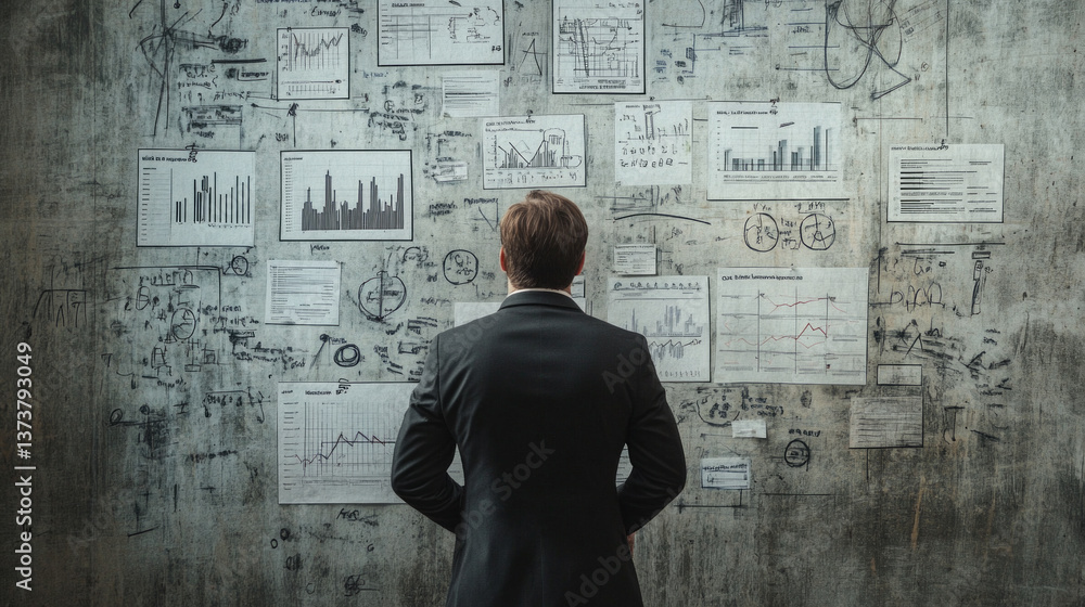 Poster a leader stands before a wall covered in charts and graphs, contemplating and strategizing based on 