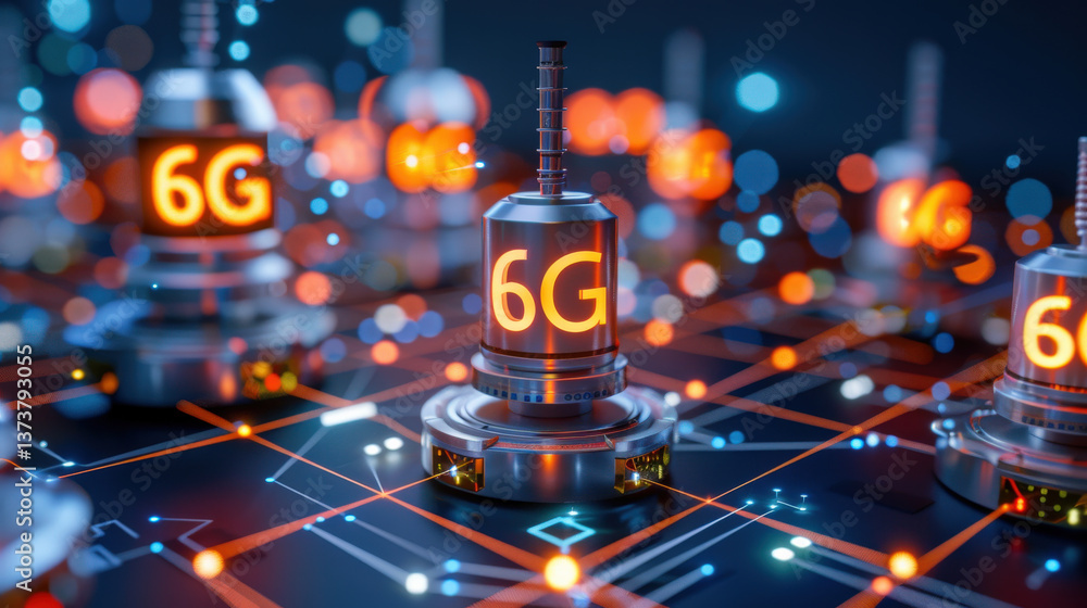 Aufkleber Futuristic 6G infrastructure with glowing antennas and digital connections, showcasing advanced technology and innovation. scene is vibrant and dynamic