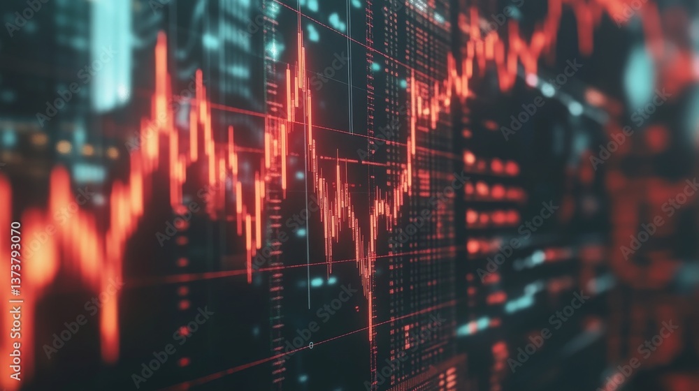 Poster a close-up of a stock market graph in red, displaying fluctuating data points and sharp declines. th