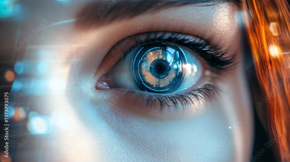 Poster close-up of a human eye enhanced with a cybernetic interface, reflecting a high-tech futuristic desi