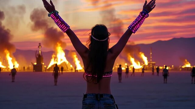A woman with illuminated armbands raises her arms at a fiery desert festival at sunset.
Concept of: Spiritual awakening.
