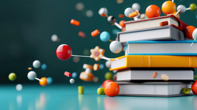 stack of colorful books is surrounded by floating, vibrant spheres and geometric shapes, symbolizing dynamic and fast paced education concept