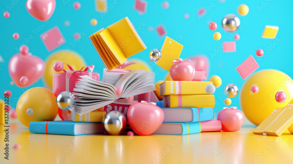 Leinwandbilder colorful books and playful spheres float against vibrant blue background, creating whimsical and dyn
