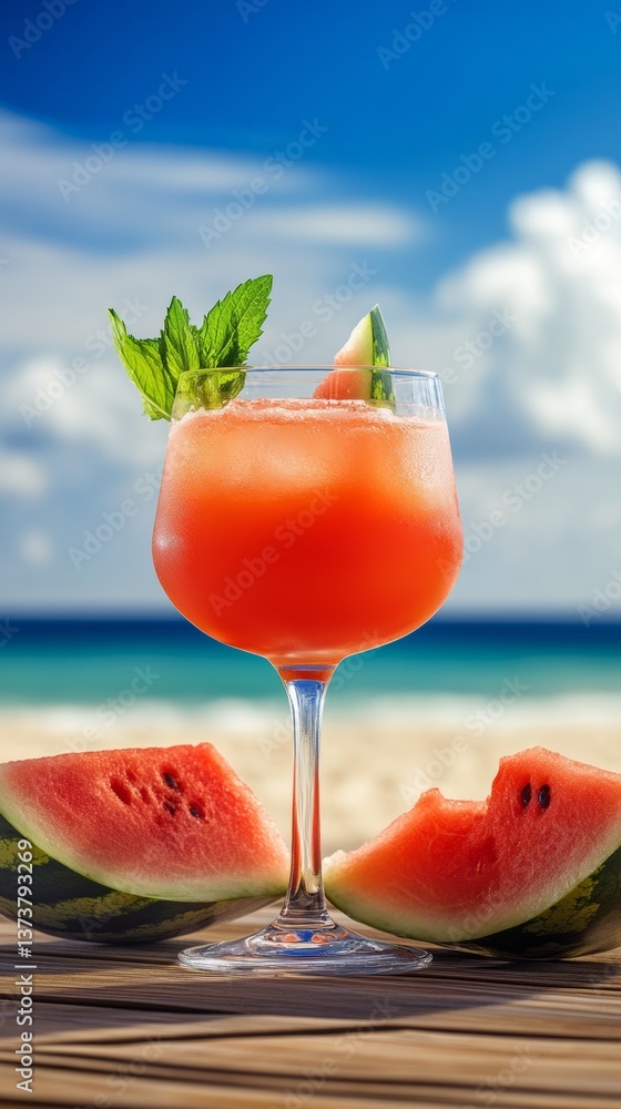 Poster glass of watermelon juice with a slice of watermelon on the table. scene is relaxed and refreshing