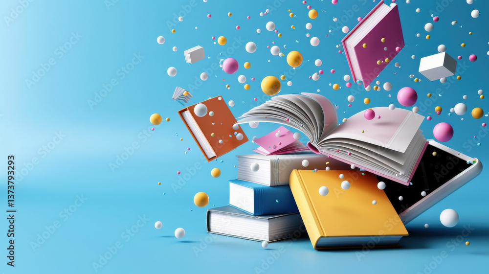 Poster stack of colorful books with pages flying open is surrounded by floating spheres and cubes against b