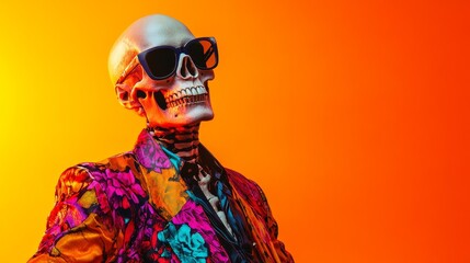 A visually striking image of a skeleton in a bright floral suit, wearing large sunglasses and posing confidently against a vibrant orange backdrop, merging style with fun.. AI Generation