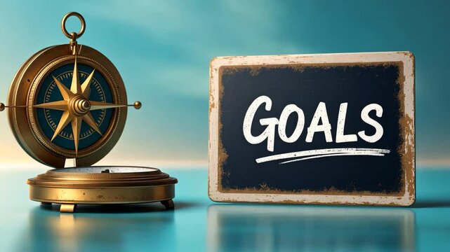 A compass accompanying the word goals serves as a navigational instrument for life's journey, highlighting the significance of establishing a clear direction.