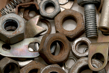 Rusty nuts and bolts form a unique scene