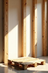 Wooden Pallet on Light Concrete Floor in a Room with Wooden Beams and Sunlight Streaming Through