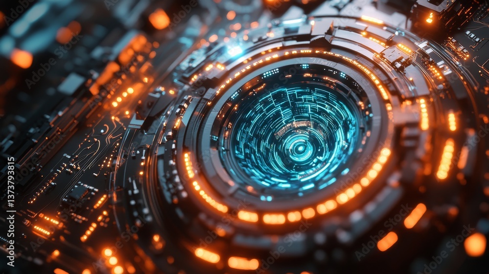 Poster close-up of a high-tech, circular digital interface, featuring bright blue and orange glowing lights