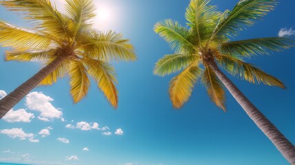 Two palm trees are standing tall in the blue sky. The sun is shining brightly, casting a warm glow on the scene. Concept of relaxation and tranquility, as if one were on a tropical vacation