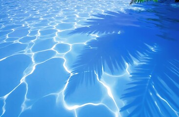 Palm tree shadow in blue swimming pool background, surface of blue aqua water waves, top view, flat lay