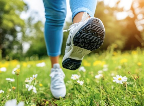 Close-up of a sneaker stepping through a flower-filled meadow
