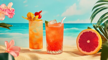 Obraz premium Two vibrant cocktails garnished with fruit and flowers sit on the sandy beach surrounded by exotic flora and a halved grapefruit, with a bright blue ocean backdrop, perfect for summer fun themes.. AI