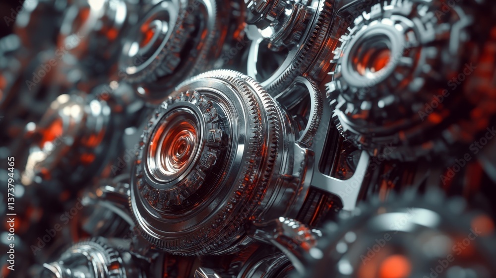Poster a complex, futuristic arrangement of metallic gears with red details, showcasing intricate engineeri