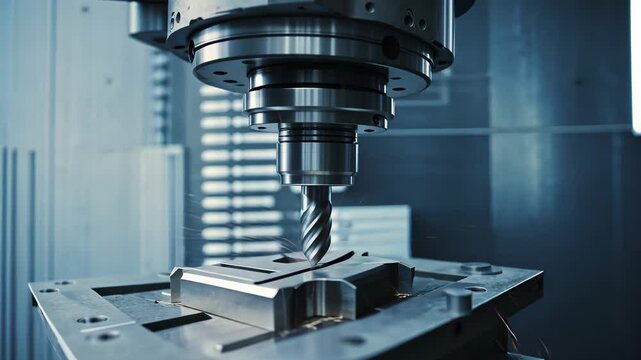 Abstract depiction of a CNC milling machine fabricating a component with a data backdrop. The mold parts cutting operation performed by the machining center utilizing a solid ball nose end mill.