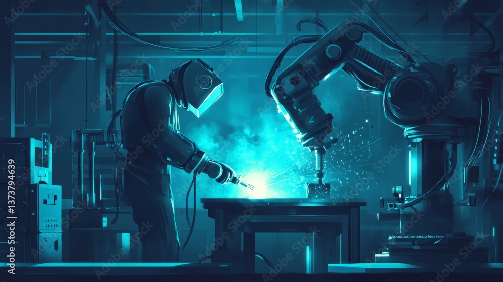 Poster a welder in protective gear collaborates with a robotic arm in a futuristic industrial setting, prod