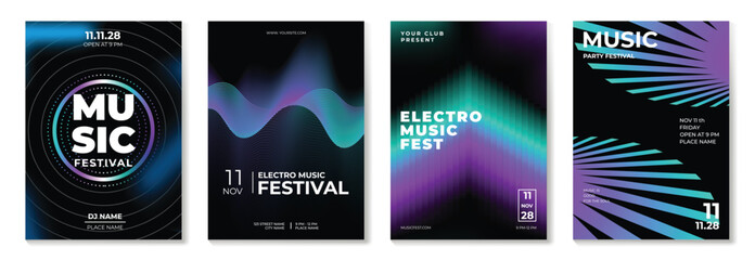 Music poster design background vector set. Electro Sound Cover template with vibrant abstract gradient geometric shape. Ideal design for social media, flyer, party, music festival, club.
